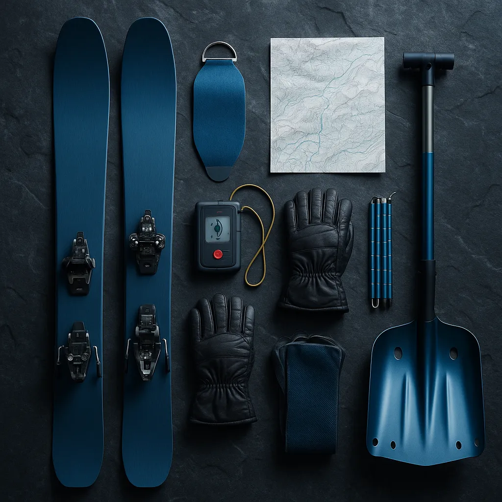 backcountry ski touring gear arranged on a dark surface