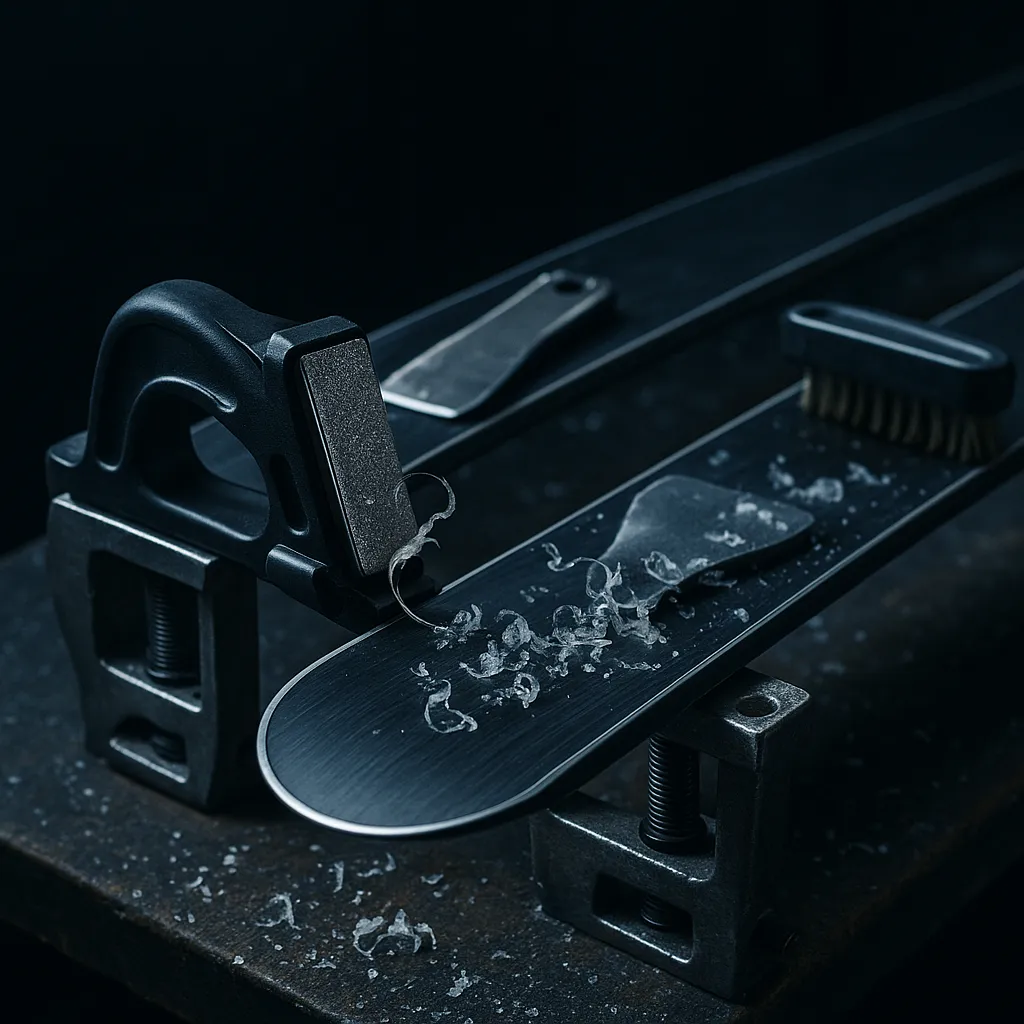 close up of ski tuning tools and skis on a bench