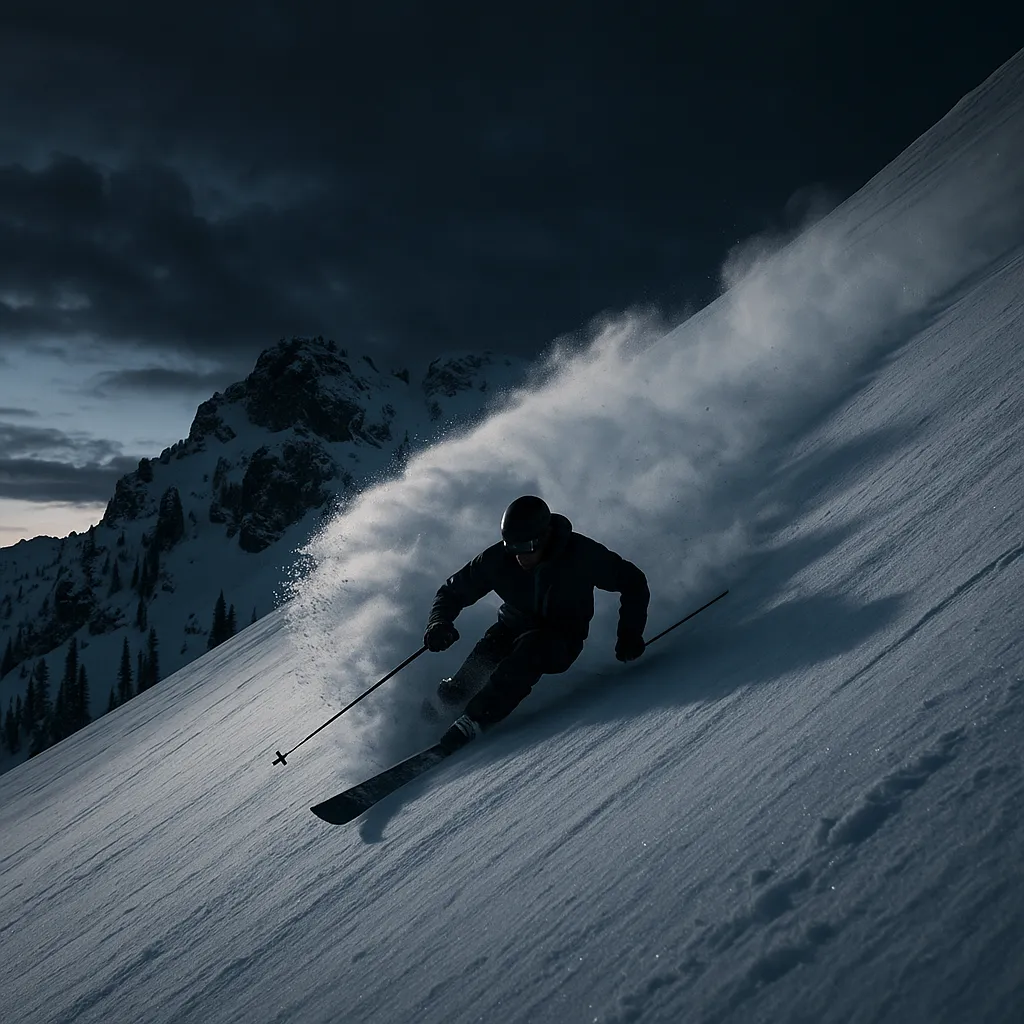 expert skier carving a steep powder face at dawn