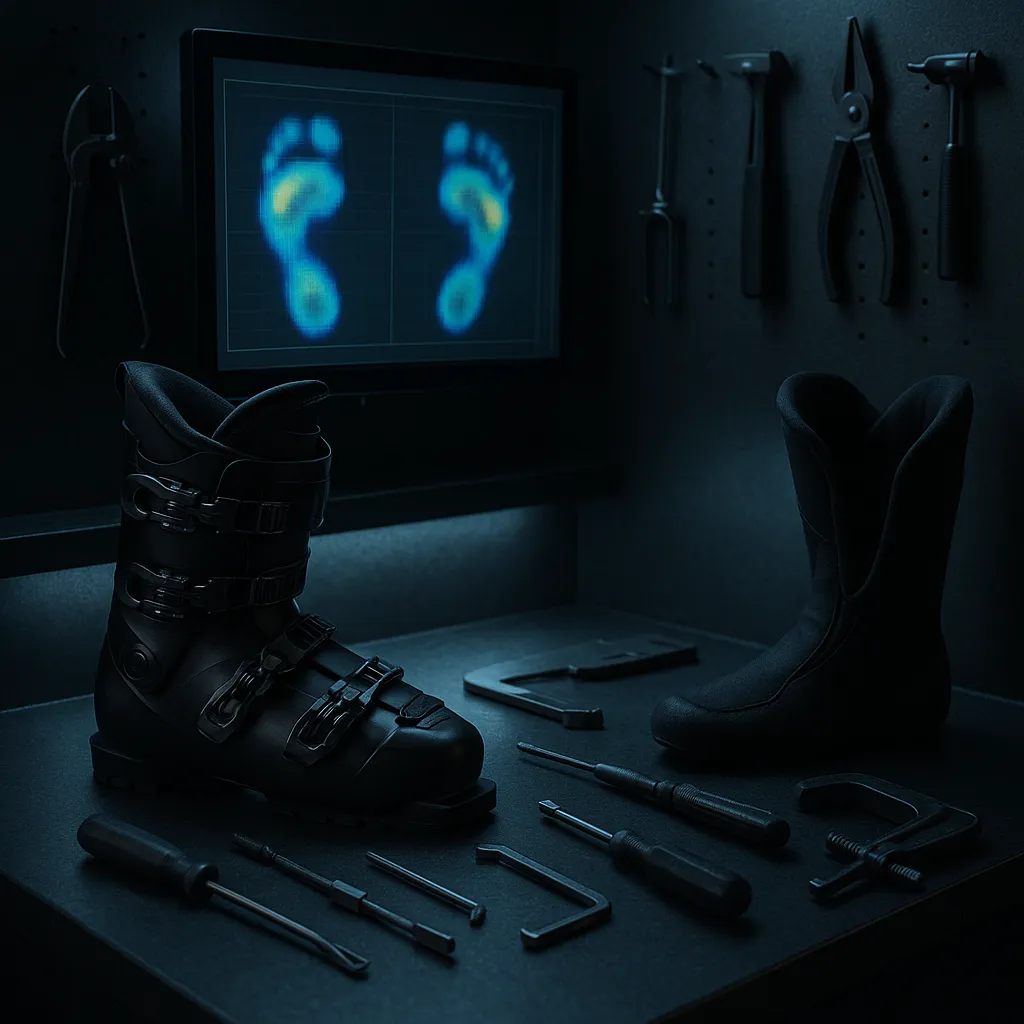 ski boot fitting bench with boots and tuning tools