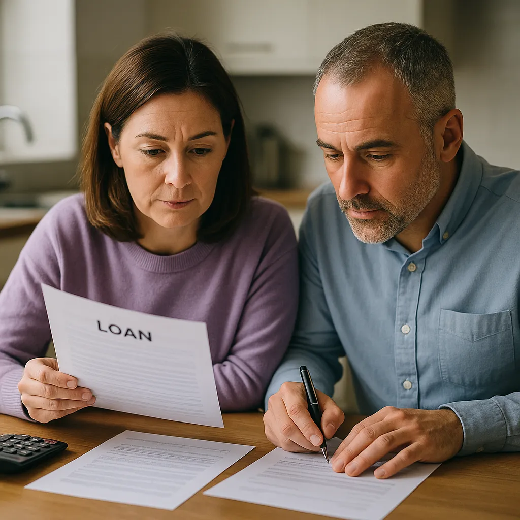 two adults reviewing loan paperwork at a kitchen table