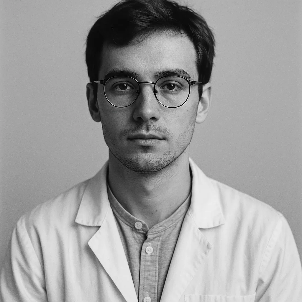 black and white portrait of a young man in a plain studio setting