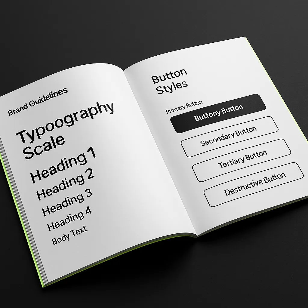 brand guidelines booklet open on a dark surface