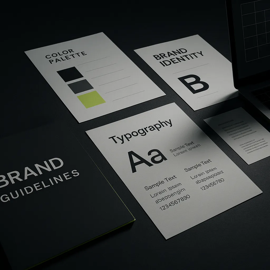 brand identity moodboard pages on a dark desk with neon lime light