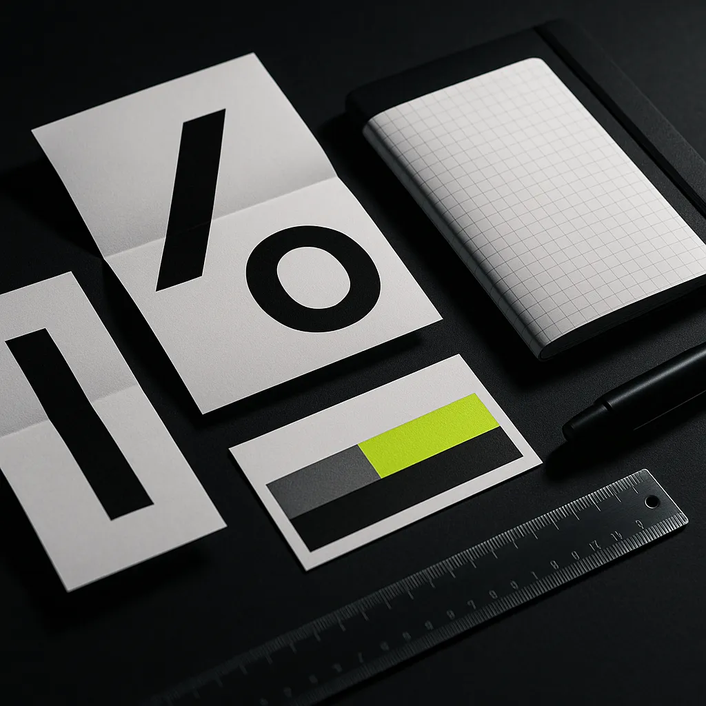 brand identity toolkit on dark desk with neon lime accent