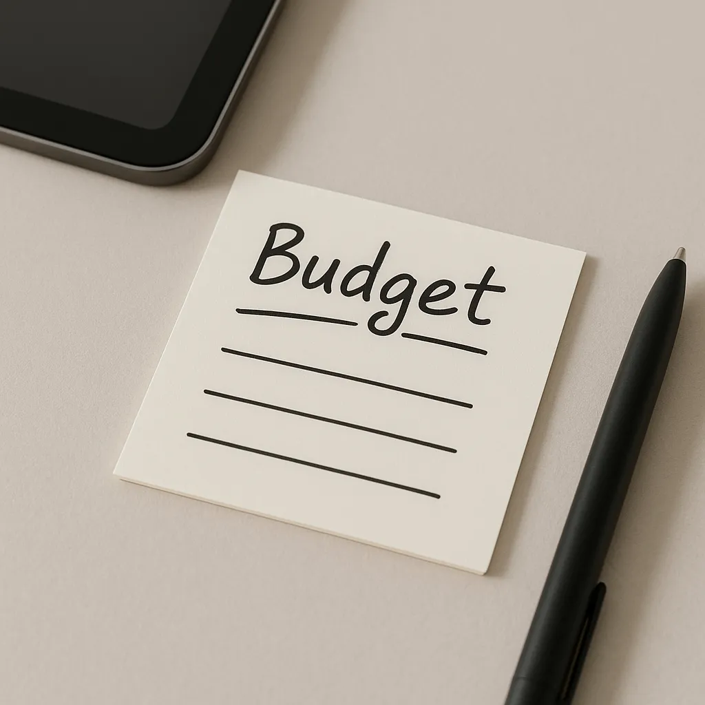 budget note on a desk beside a tablet and pen