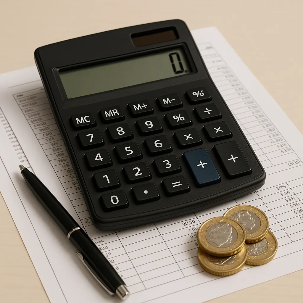 calculator on paperwork with pen and uk pound coins