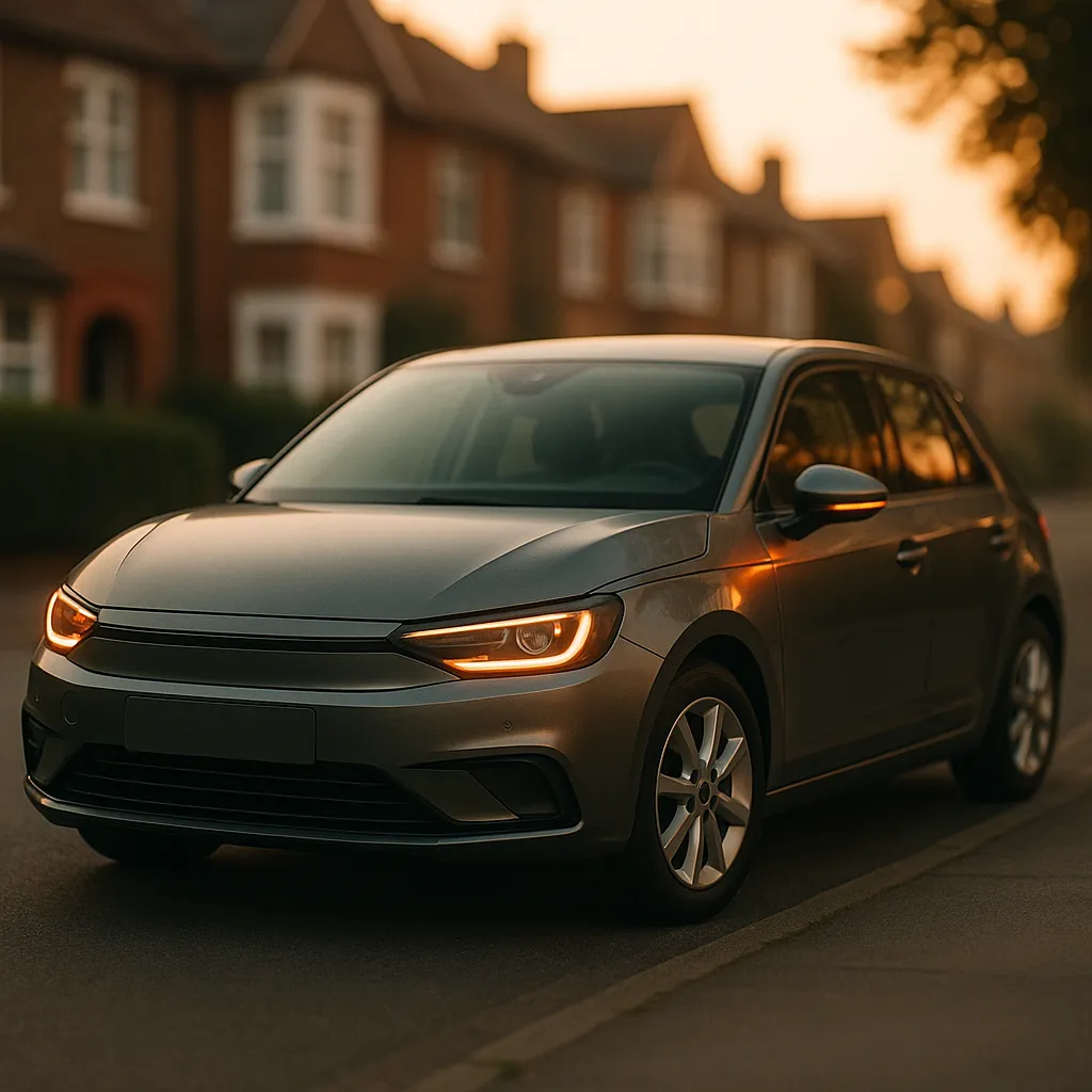 compact car parked on a quiet residential street at golden hour