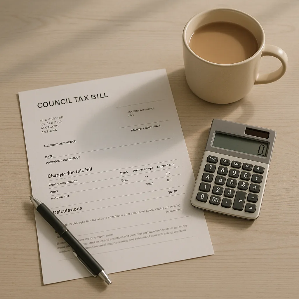 council tax bill letter with pen calculator and tea on a table