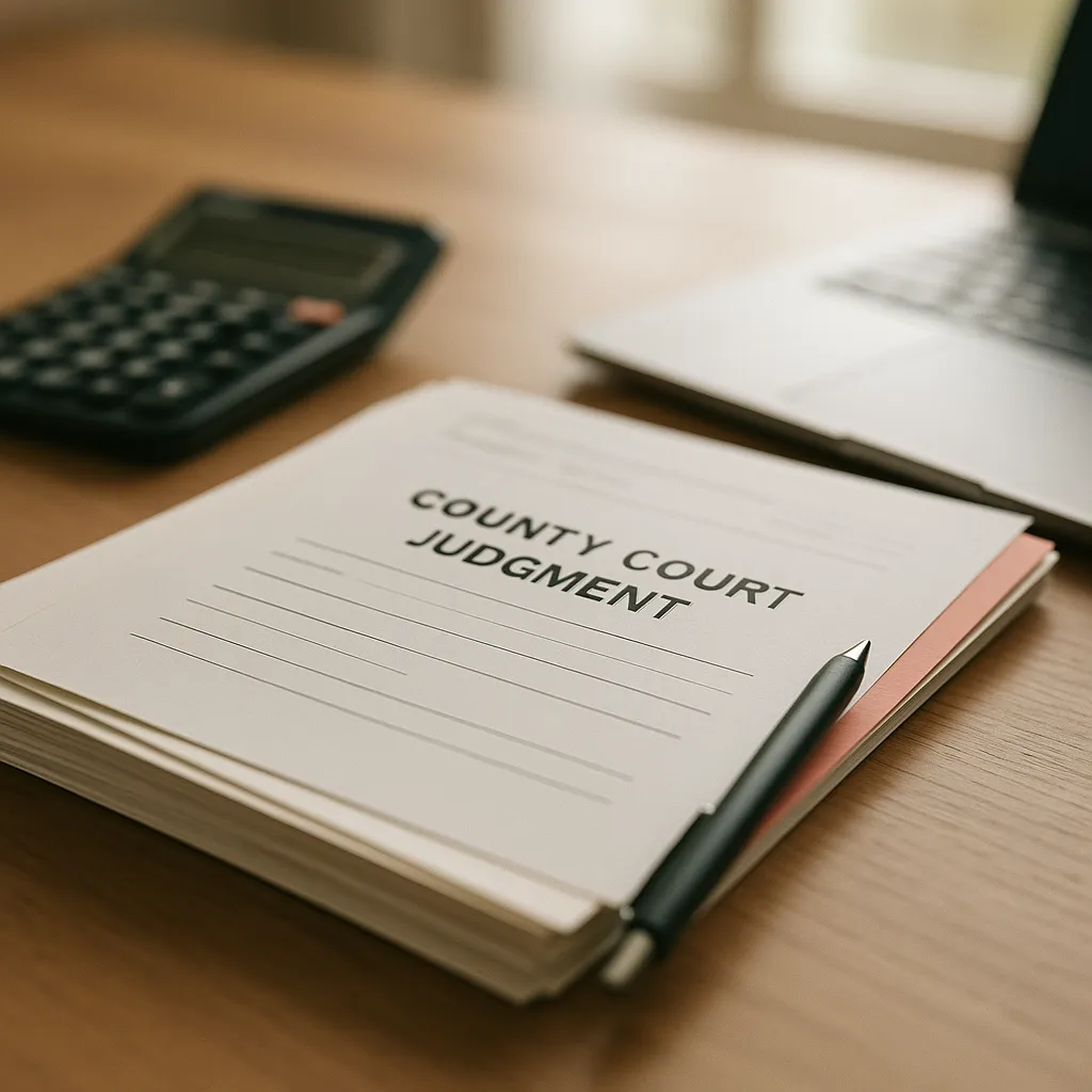 court documents calculator and pen on a desk with a laptop in the background