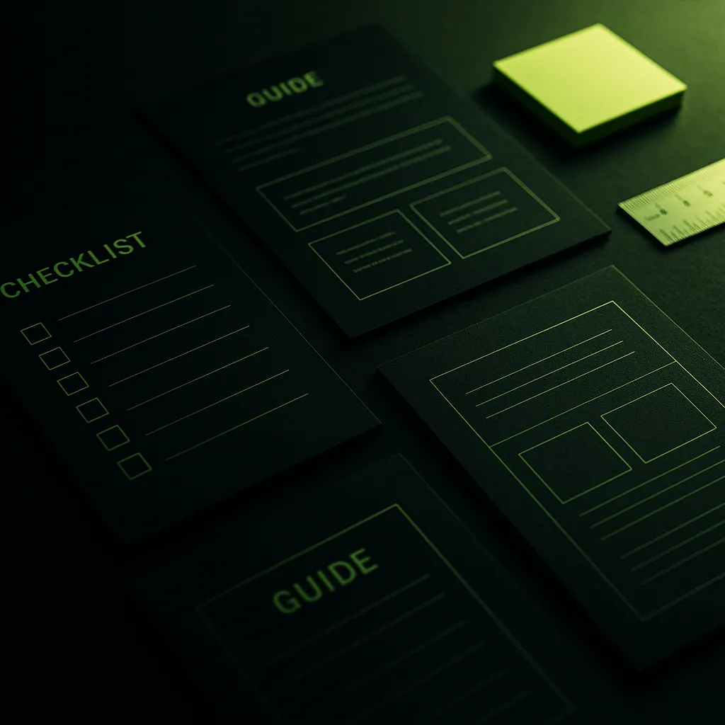 dark desk with printed guides and neon lime accent lighting