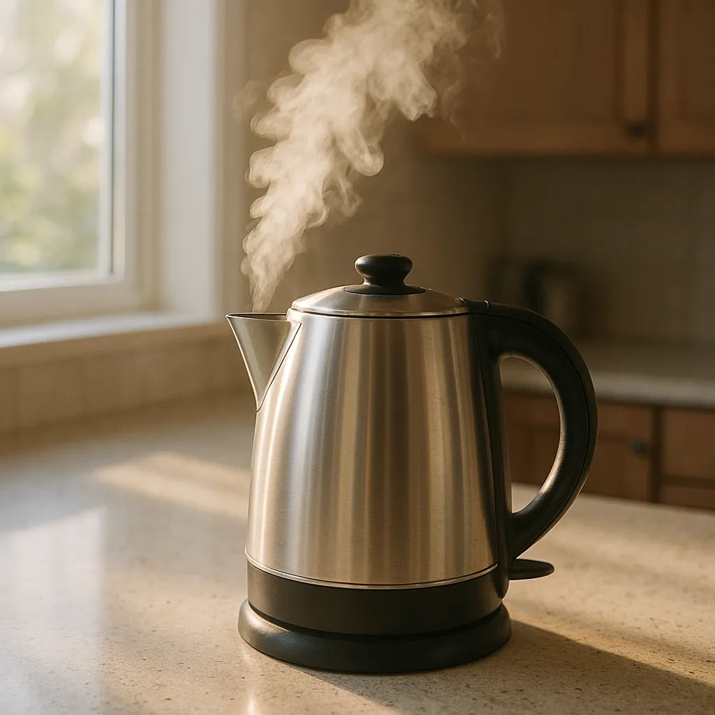 electric kettle steaming on a kitchen counter