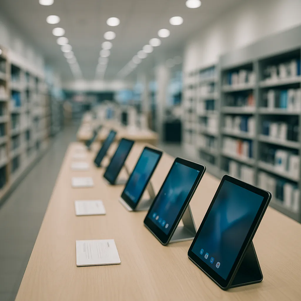electronics store aisle with tablets on display in soft focus