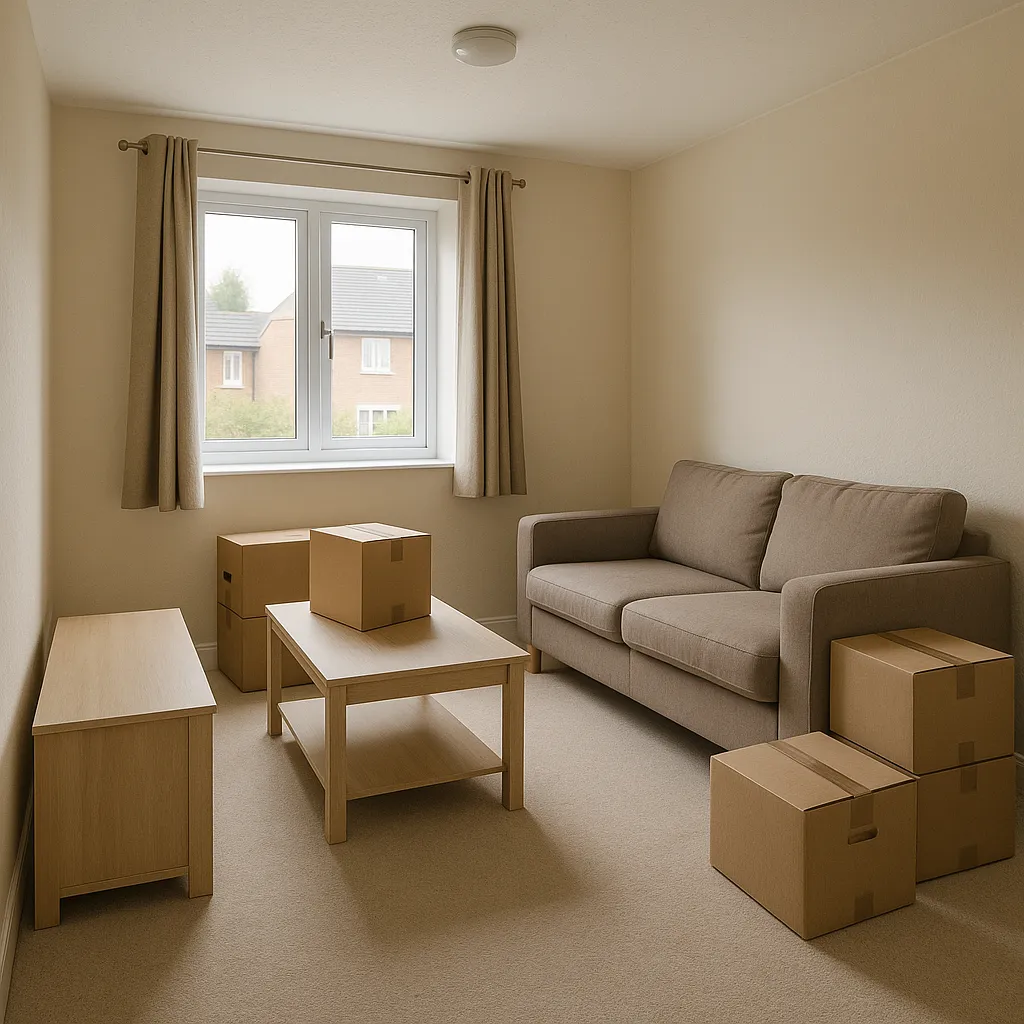 empty living room with moving boxes in a uk flat