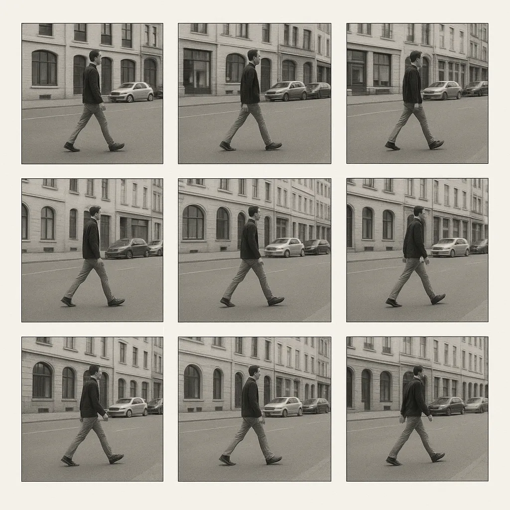 grid of video frames showing a person walking on a city street