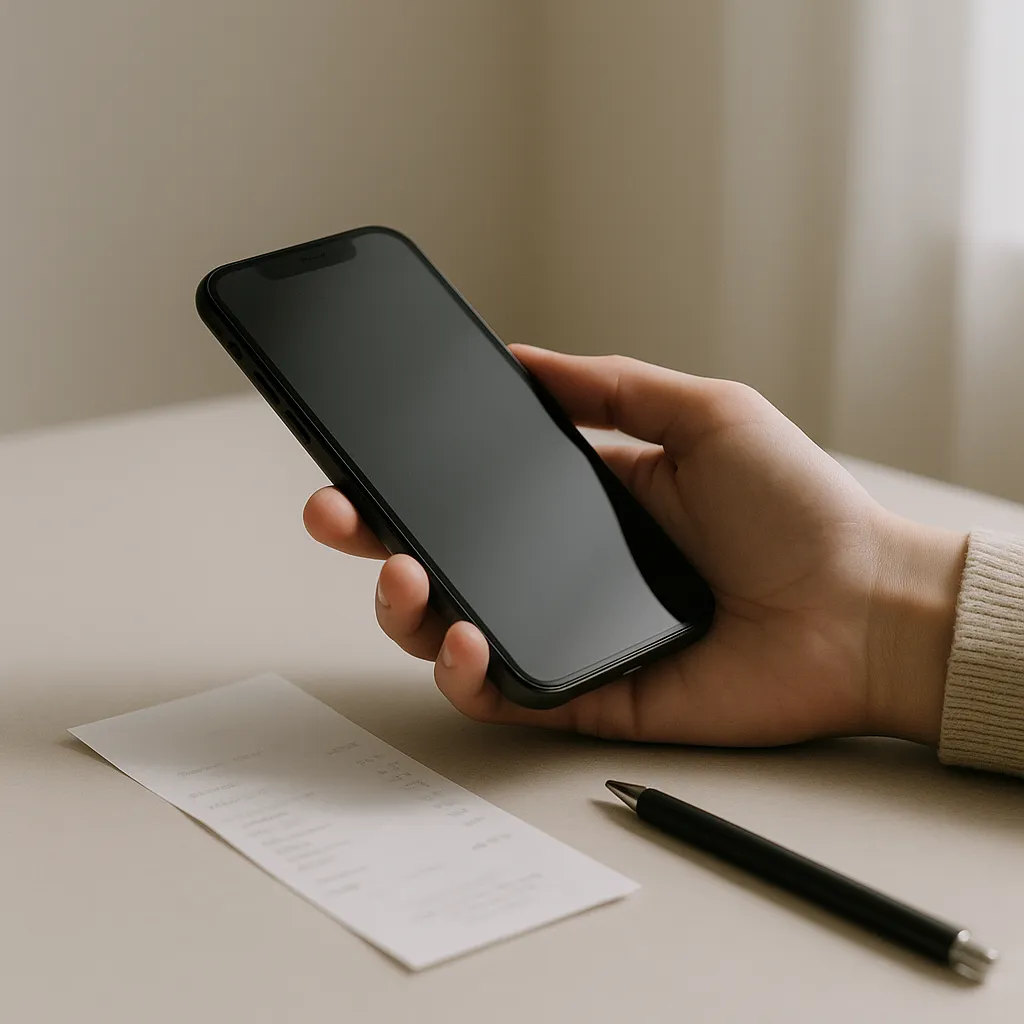 hand holding a phone above a receipt on a light desk