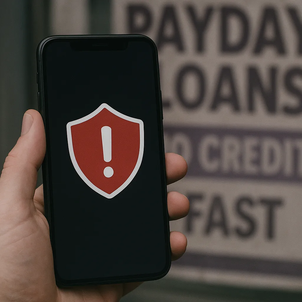 hand holding a smartphone with a warning shield icon