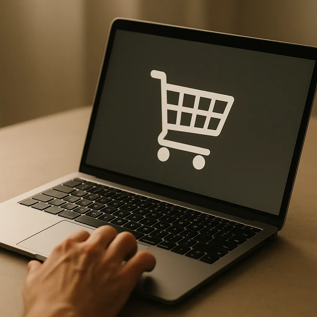 hand hovering over a laptop trackpad with a shopping cart icon on screen