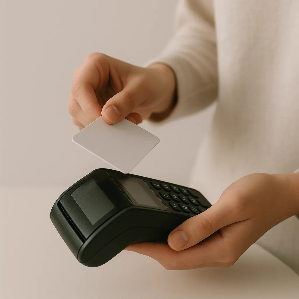 hands holding a card near a contactless terminal
