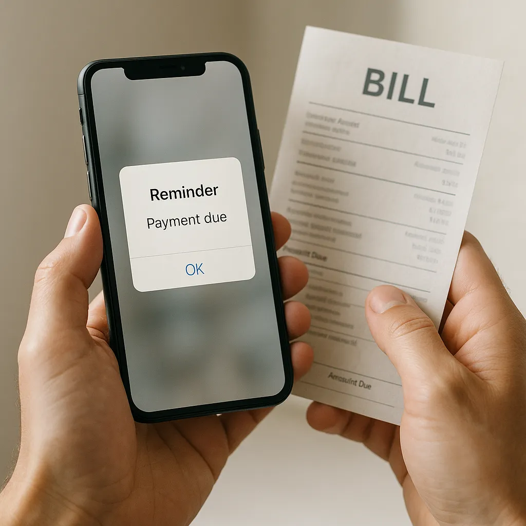 hands holding a phone with a reminder next to a paper bill