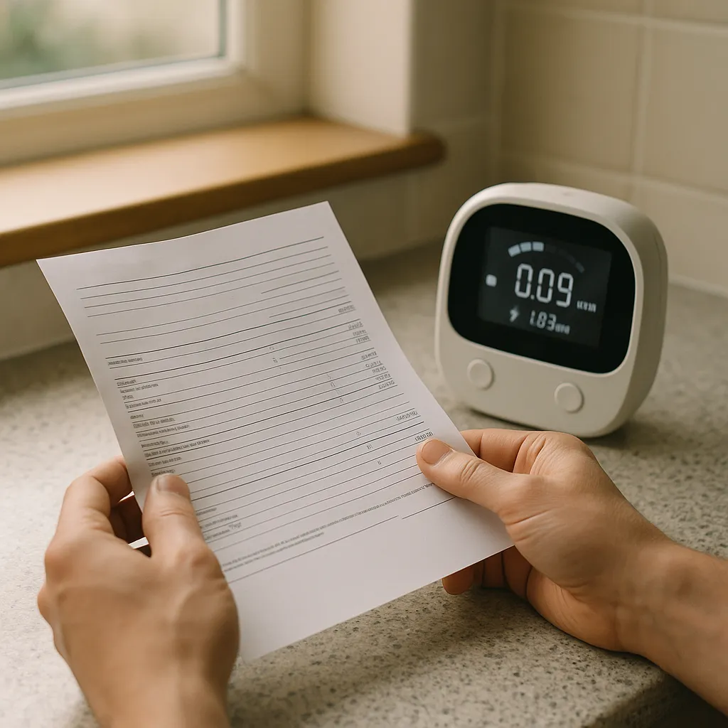 hands holding a utility bill beside a smart meter on a kitchen counter