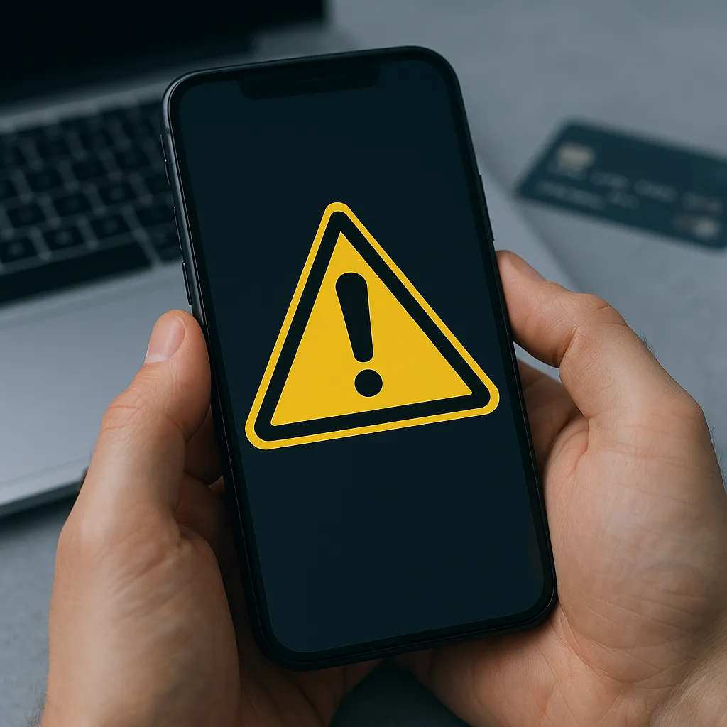 hands holding smartphone with warning icon and laptop blurred behind