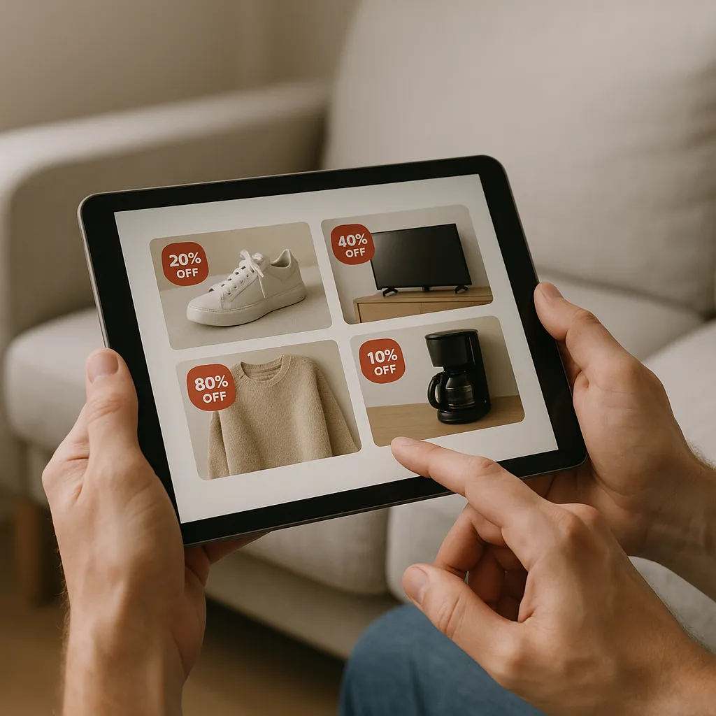 hands using a tablet to browse online deals at home