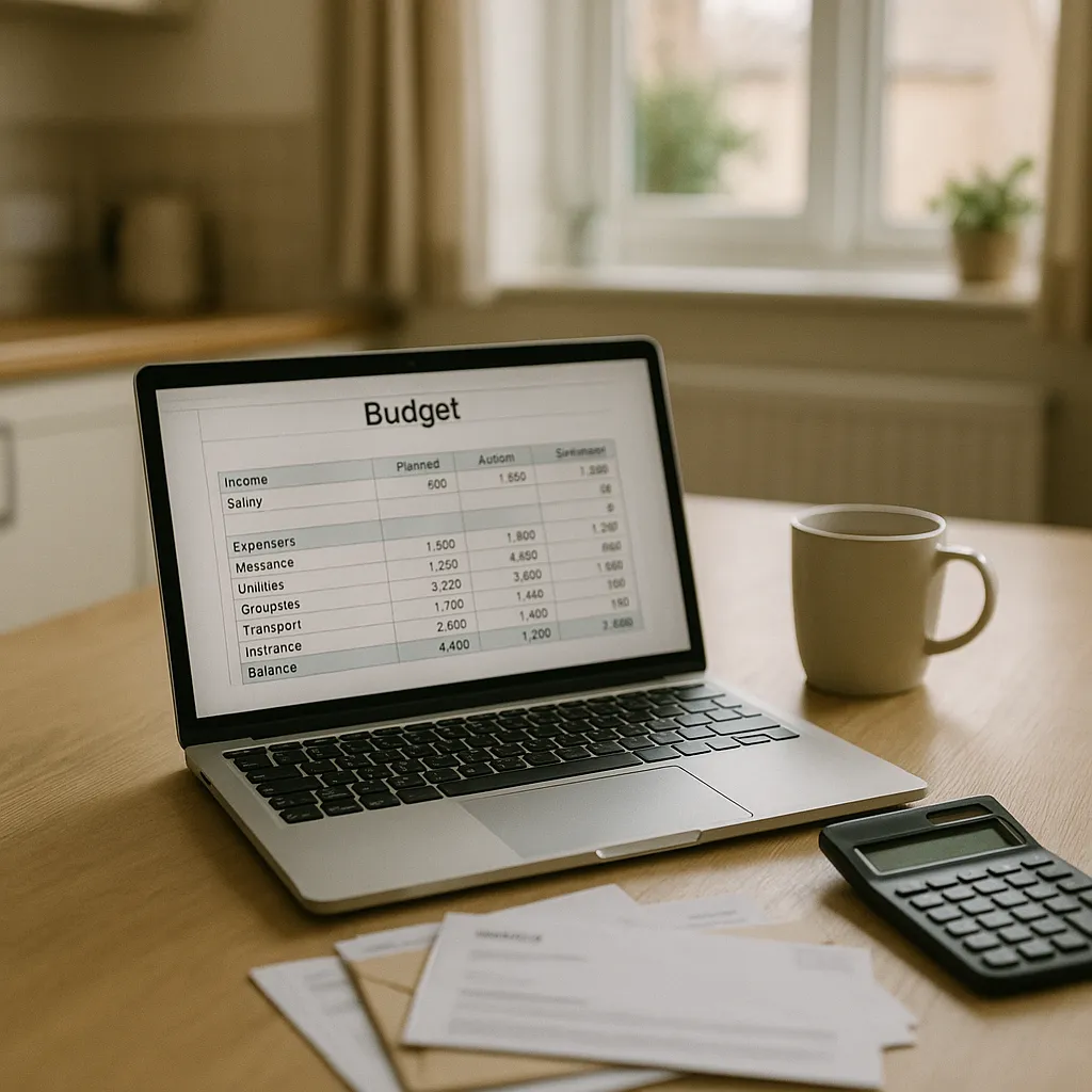 kitchen table with laptop calculator and bills in soft daylight