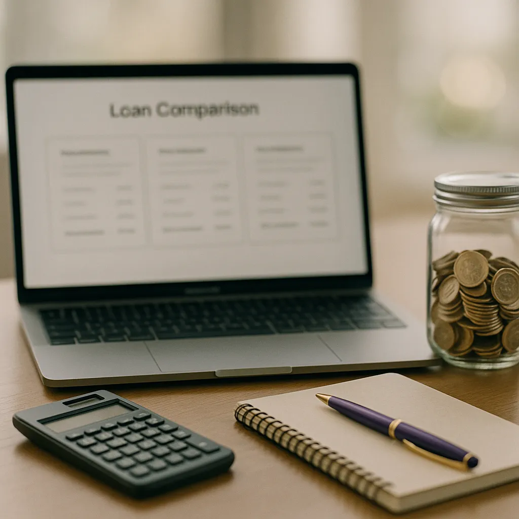 laptop calculator and notebook on a desk with uk pound coins