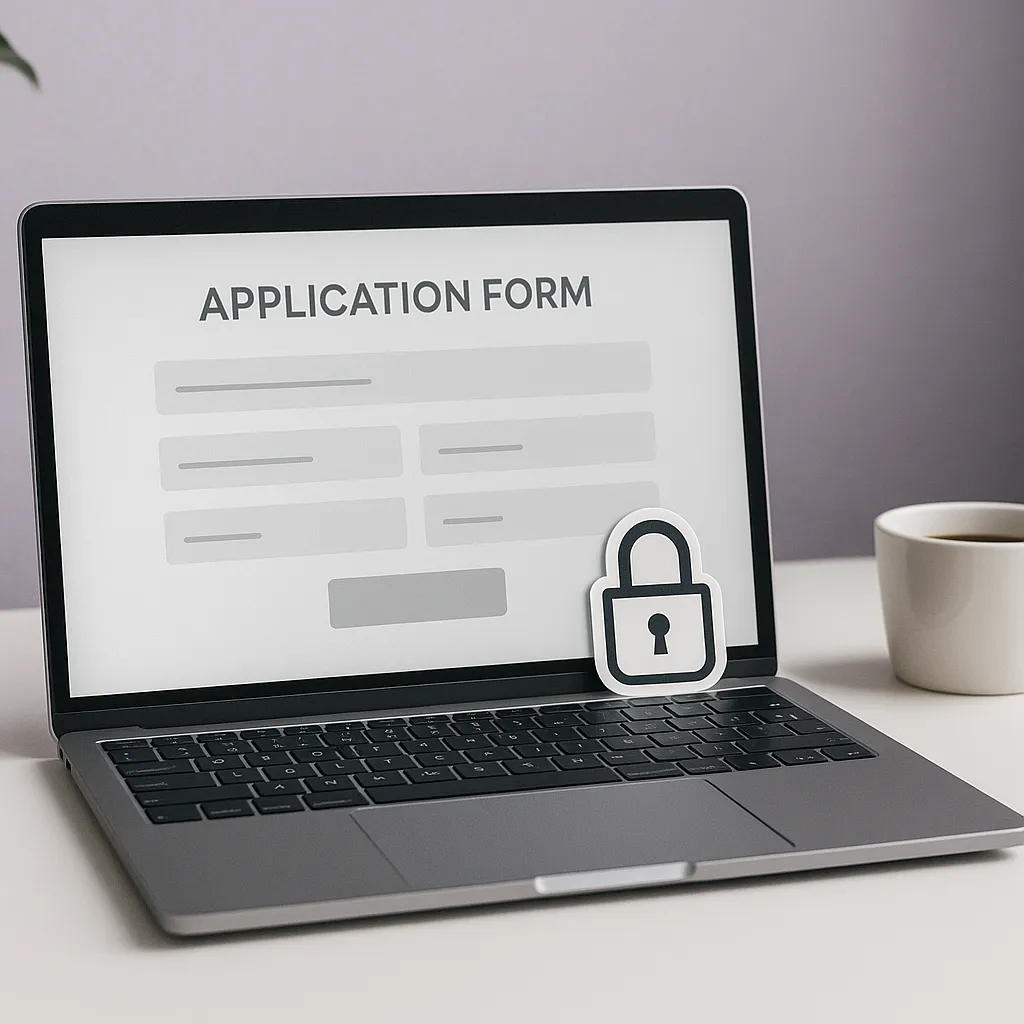 laptop on a desk with a padlock icon suggesting secure application