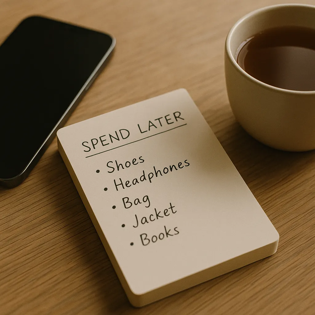 notebook list next to a phone and a cup on a wooden table
