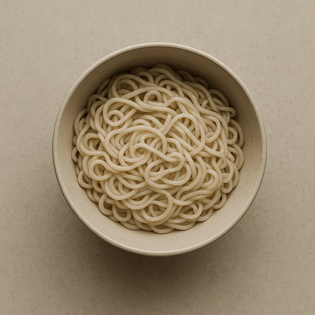 overhead view of a bowl of noodles on a plain table