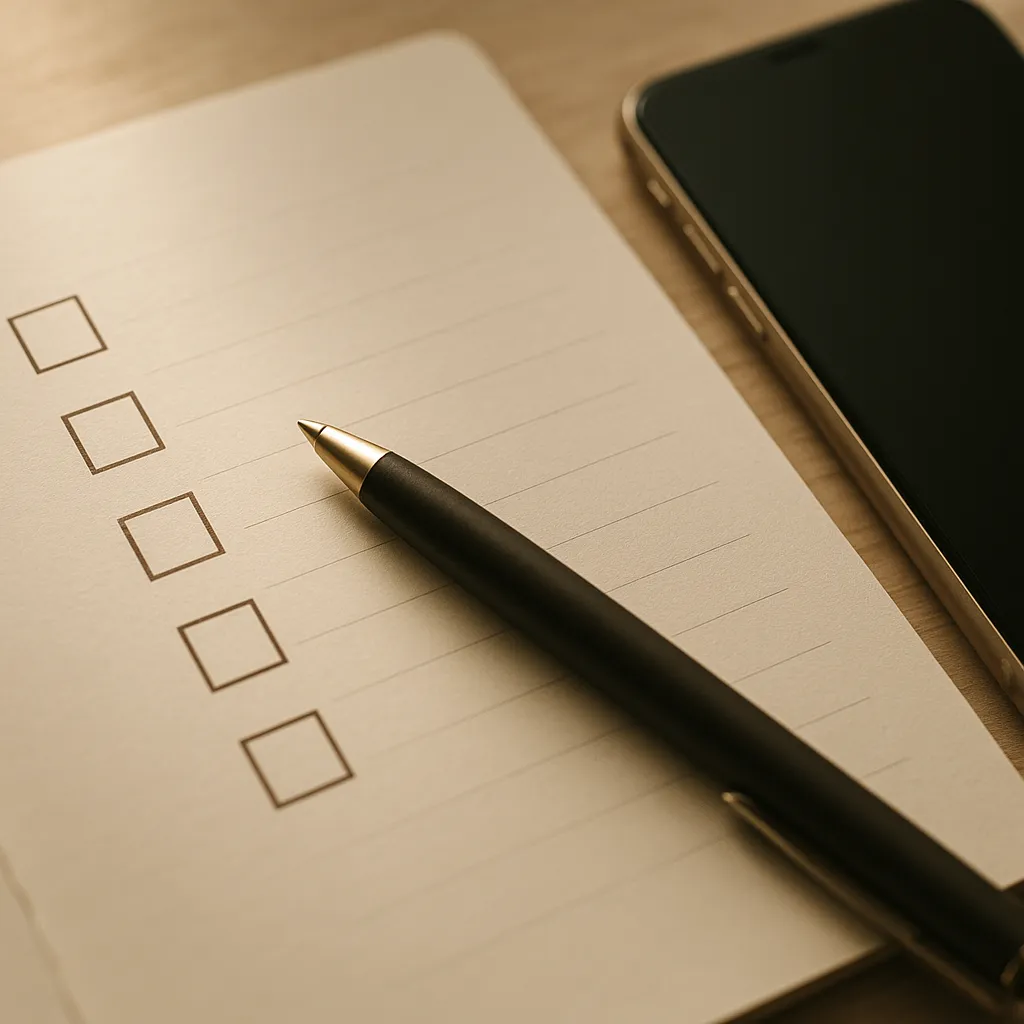 paper checklist with a pen and a phone beside it