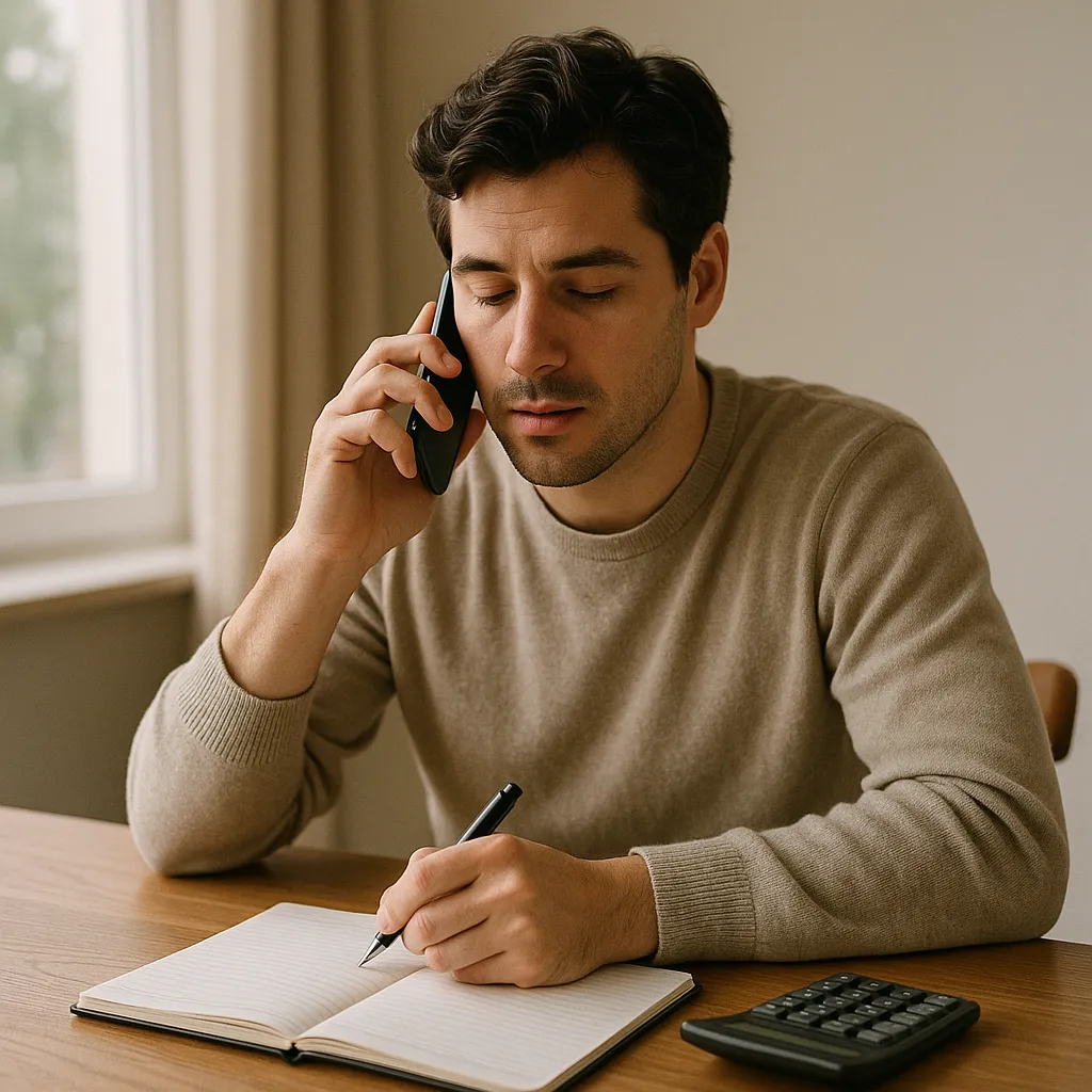 person on a phone with a notebook and calculator on a table