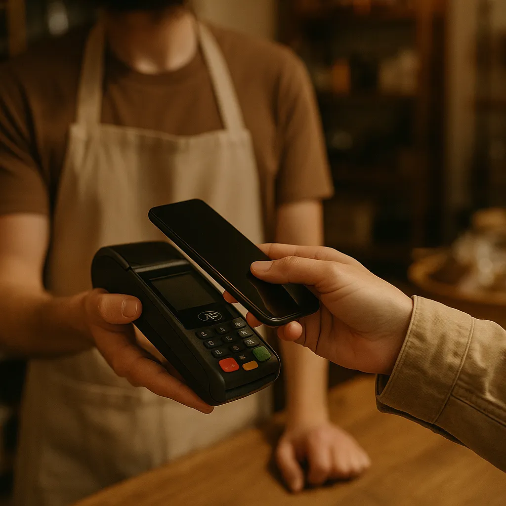 person paying with a phone at a contactless terminal in a shop