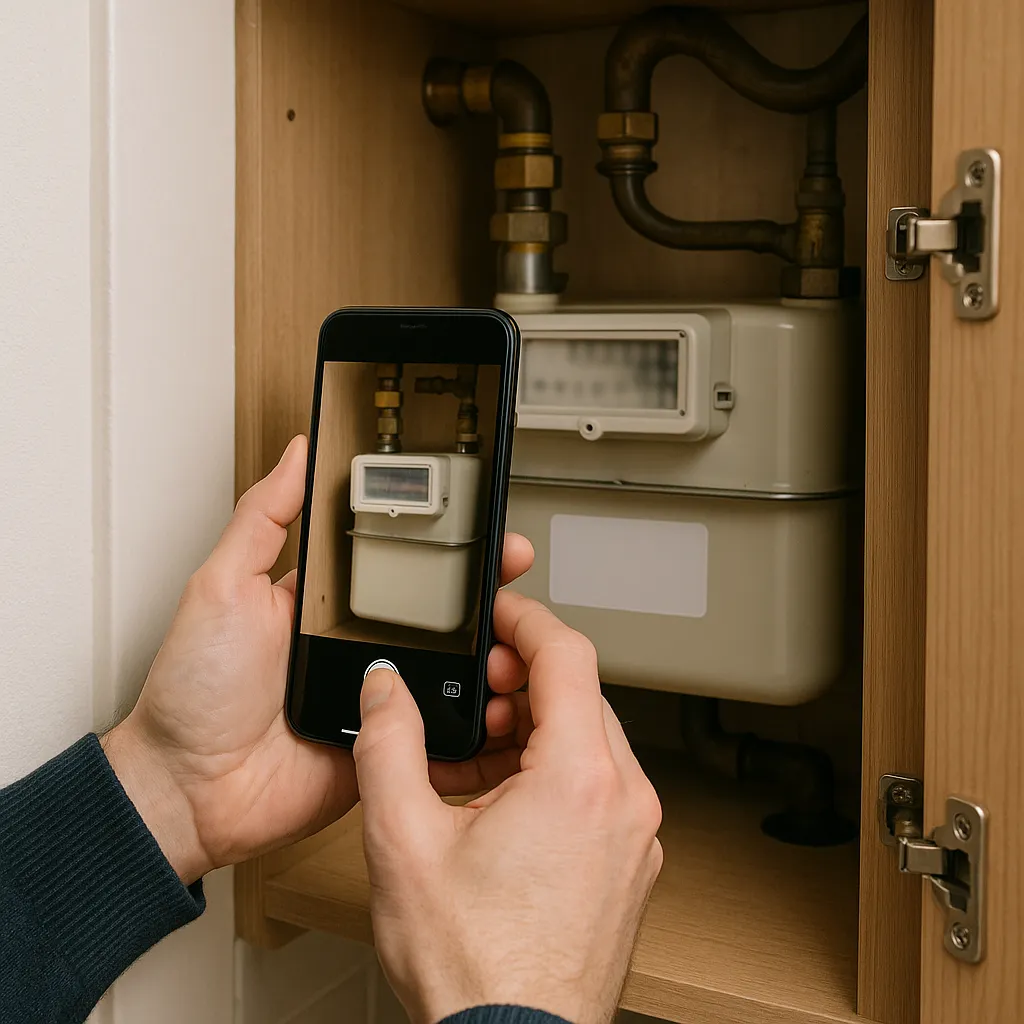 person photographing a gas meter with a smartphone