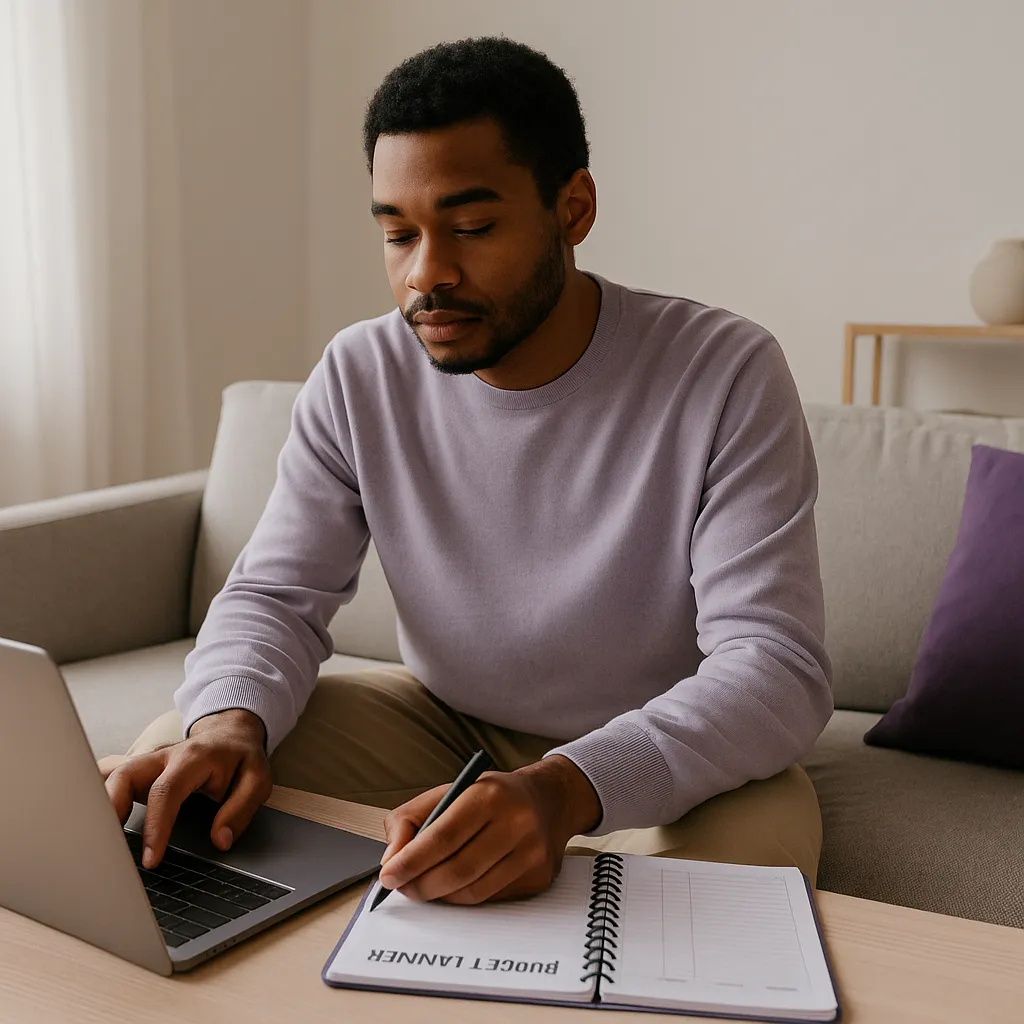 person planning a budget while using a laptop at home