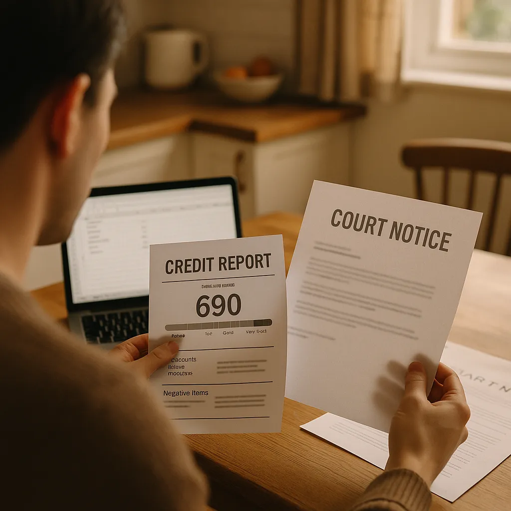 person reviewing paperwork and a credit report at a kitchen table