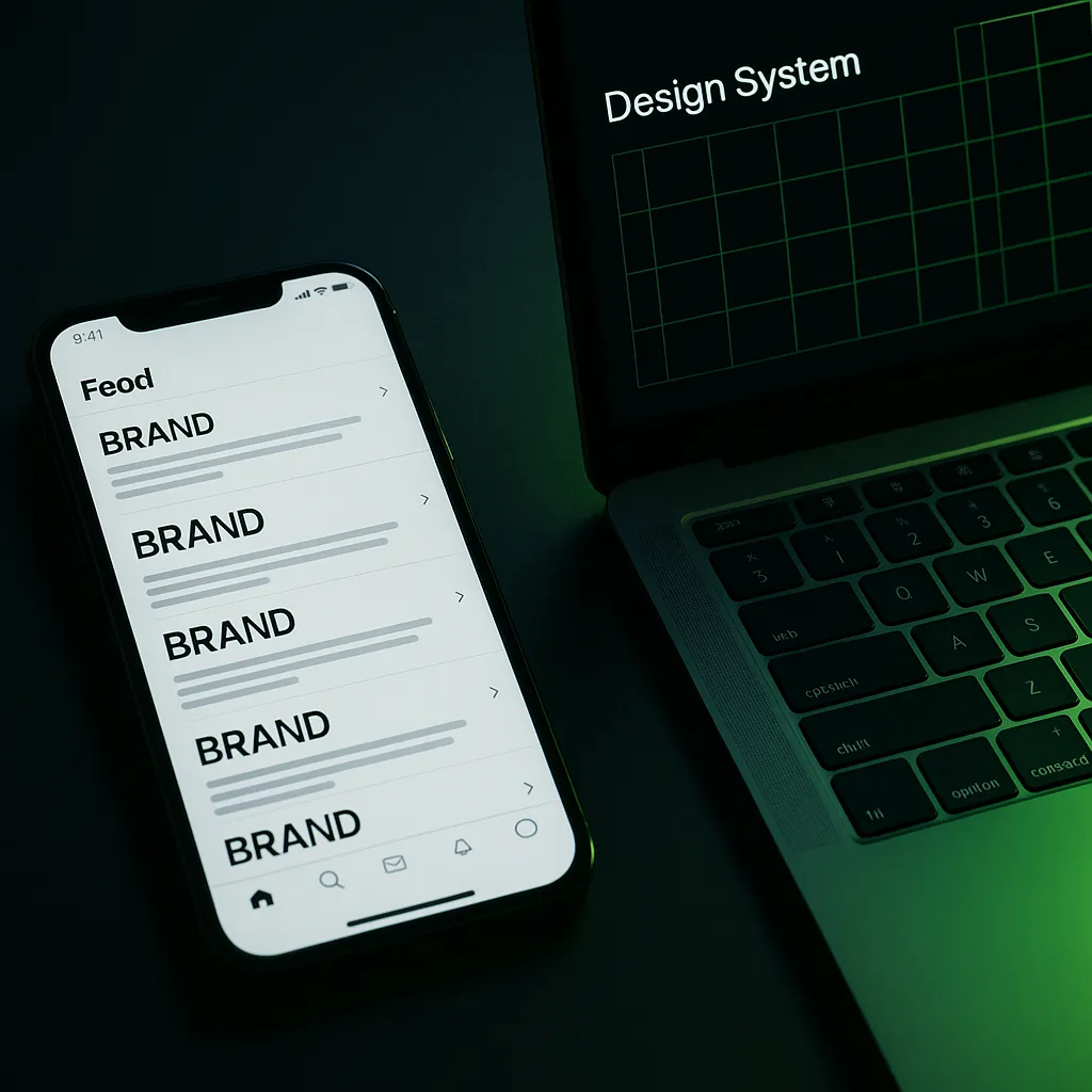 phone and laptop on a dark desk showing consistent brand posts
