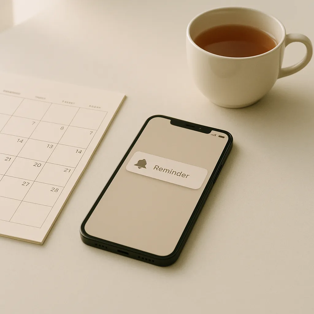 phone next to a calendar and a cup on a desk