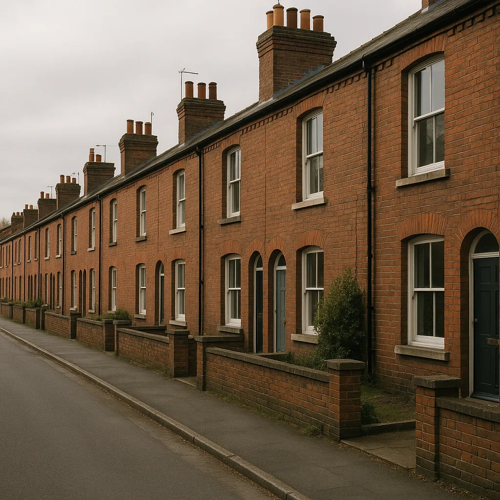 row of uk brick terraced houses on a quiet street