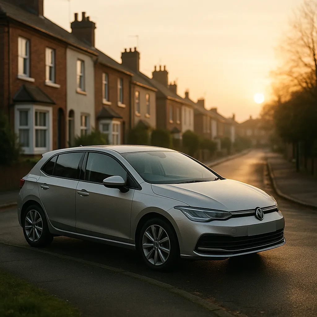 small hatchback parked on a quiet residential street at sunrise