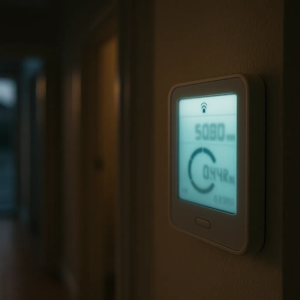smart electricity meter display in a dim hallway