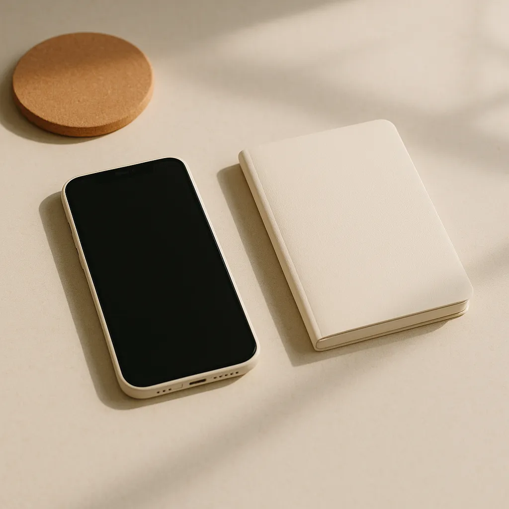 smartphone and notebook on a light table