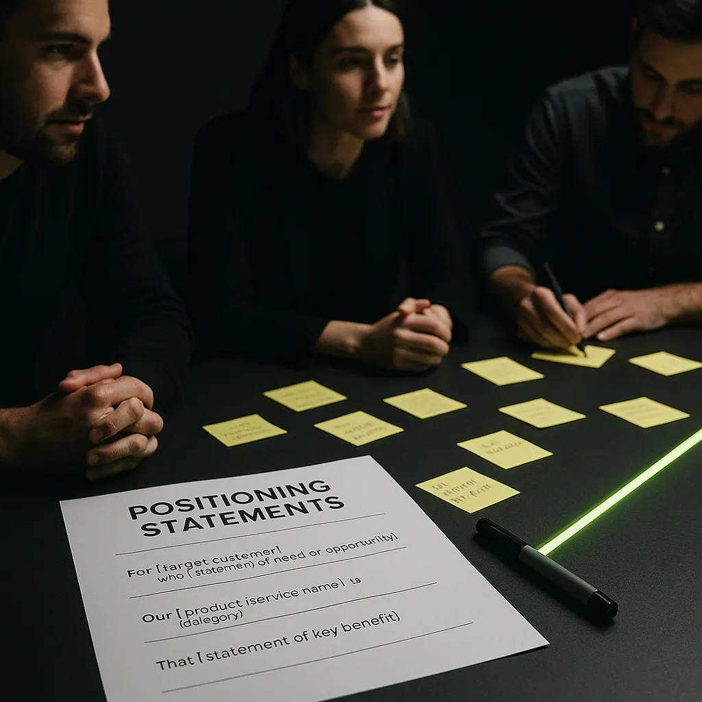 sticky notes and positioning statements on a dark table