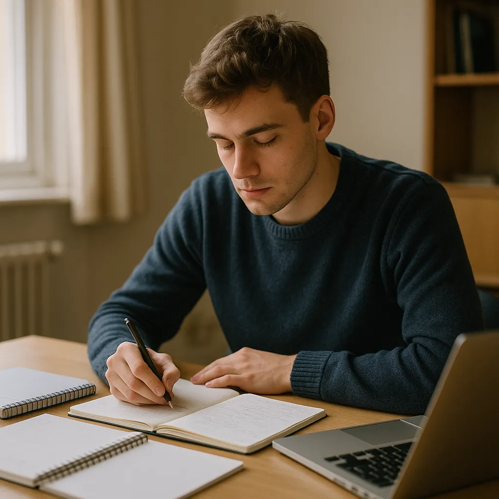 student studying at a desk with a laptop and notebooks