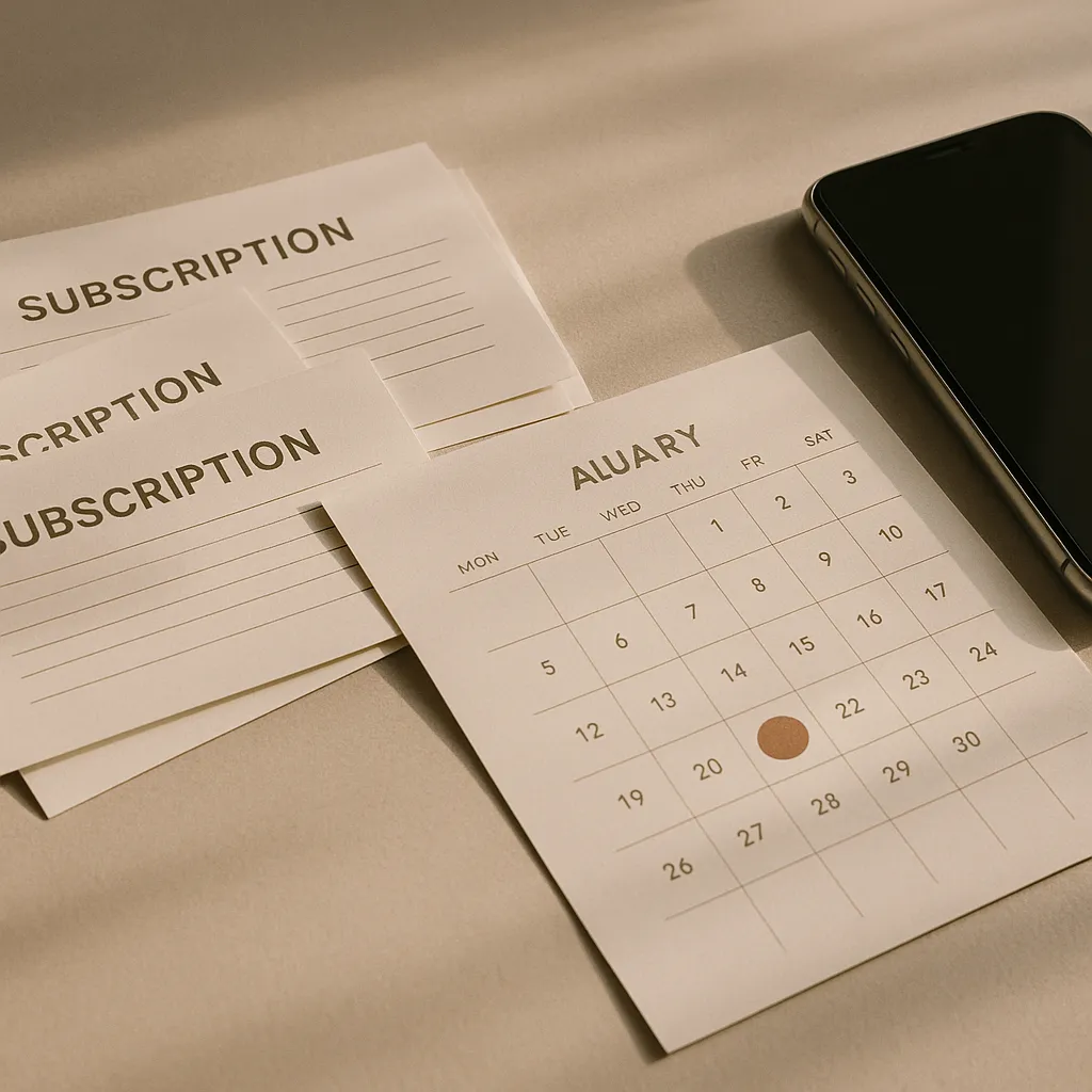 subscription bills and a calendar reminder next to a phone