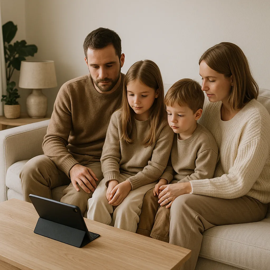 tablet on a stand in a living room with people on a sofa in the background