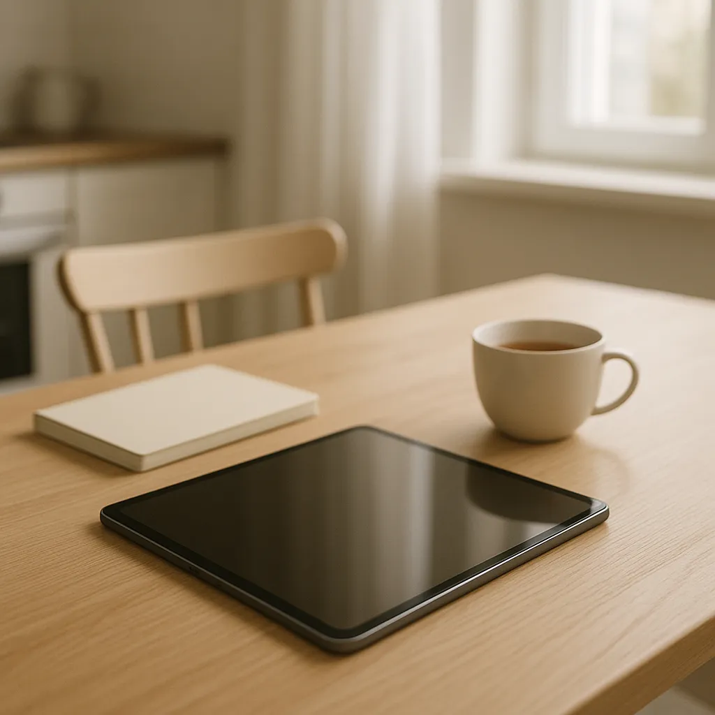 tablet on a table beside a notebook and cup of tea in soft morning light