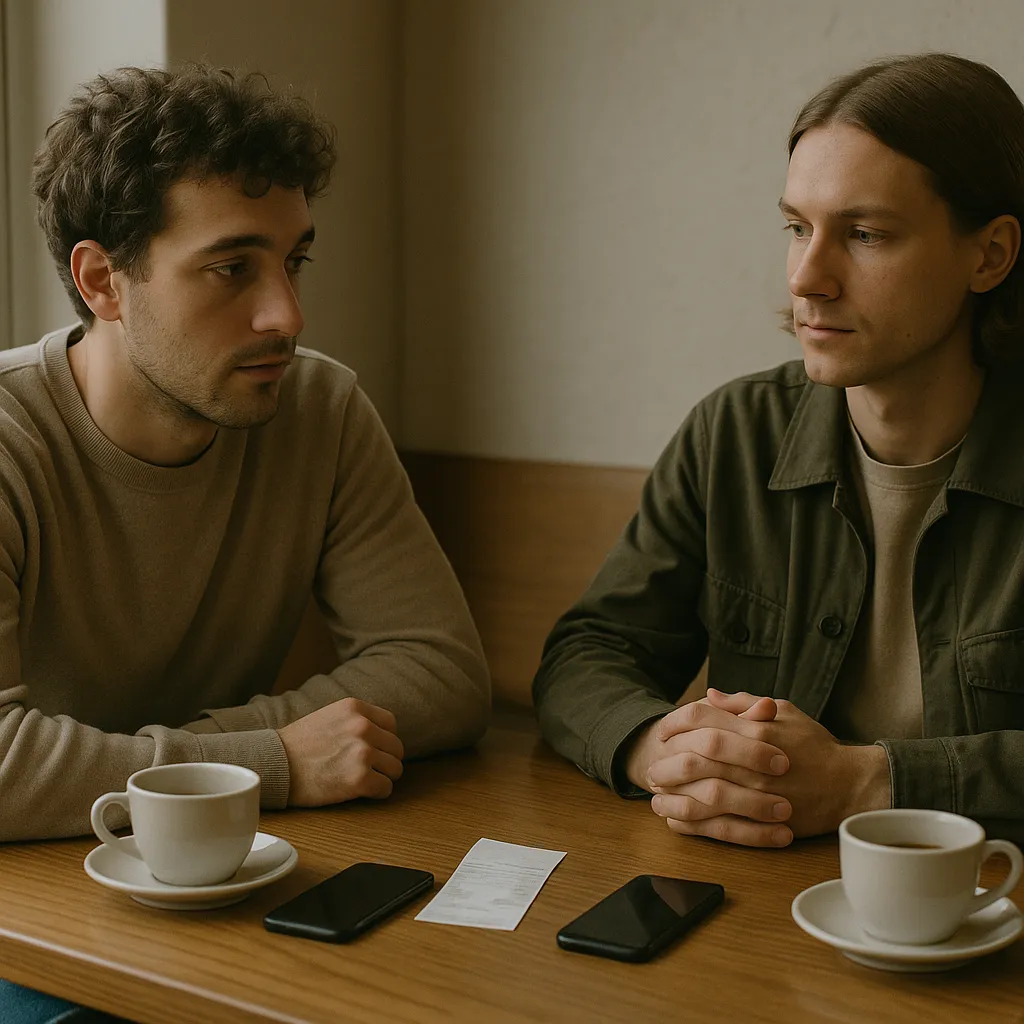 two friends at a cafe table with phones face down and a receipt